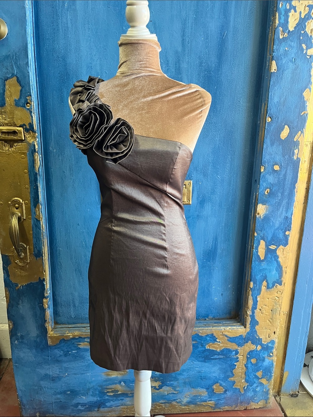 Masquerade One-Shoulder Chocolate Brown Cocktail Dress with Rosette Detail